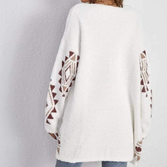 Boho Geo Print Open front Fuzzy  Soft comfy Knit Sweater Cardigan - Picture 2 of 5